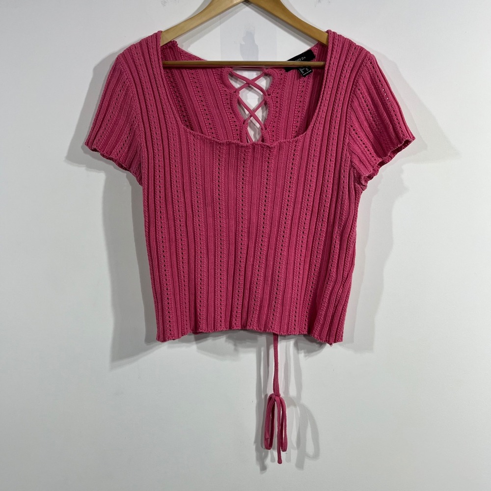 Forever 21 Y2K Preppy Open Knit Ribbed Pointelle Lace Up Women 1x Beachy Cottage